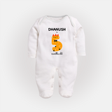Milestone Full Sleeve Bodysuit/ Sleep Suit/ Jumpsuit for 5th Month | Soft Cotton Personalized Full Sleeve Bodysuit/ Sleep Suit/ Jumpsuit | Unisex Design - WHITE - New Born (Chest 7.5")