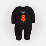 Milestone Full Sleeve Bodysuit/ Sleep Suit/ Jumpsuit for 8th Month | Soft Cotton Personalized Full Sleeve Bodysuit/ Sleep Suit/ Jumpsuit | Unisex Design - BLACK - New Born (Chest 7.5")