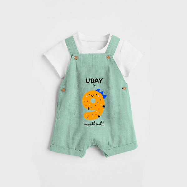 Celebrate The Ninth Month Birthday Custom Dungaree, Featuring with your Baby's name - LIGHT GREEN - 0 - 5 Months Old (Chest 17")