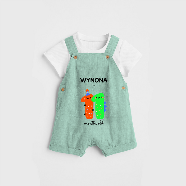 Celebrate The Eleventh Month Birthday Custom Dungaree, Featuring with your Baby's name - LIGHT GREEN - 0 - 5 Months Old (Chest 17")