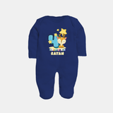 Custom Baby Full Sleeve Bodysuit/ Sleep Suit/ Jumpsuit for 4 Month Milestone | Soft Cotton Full Sleeve Bodysuit/ Sleep Suit/ Jumpsuit | Personalized Name Print - NAVY BLUE - New Born (Chest 7.5")