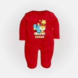 Custom Baby Full Sleeve Bodysuit/ Sleep Suit/ Jumpsuit for 4 Month Milestone | Soft Cotton Full Sleeve Bodysuit/ Sleep Suit/ Jumpsuit | Personalized Name Print - RED - New Born (Chest 7.5")