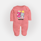 Custom Baby Full Sleeve Bodysuit/ Sleep Suit/ Jumpsuit for 5 Month Milestone | Soft Cotton Full Sleeve Bodysuit/ Sleep Suit/ Jumpsuit | Personalized Name Print - PEACH - New Born (Chest 7.5")