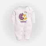 Custom Baby Full Sleeve Bodysuit/ Sleep Suit/ Jumpsuit for 6 Month Milestone | Soft Cotton Full Sleeve Bodysuit/ Sleep Suit/ Jumpsuit | Personalized Name Print - WHITE - New Born (Chest 7.5")