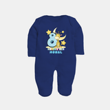 Custom Baby Full Sleeve Bodysuit/ Sleep Suit/ Jumpsuit for 8 Month Milestone | Soft Cotton Full Sleeve Bodysuit/ Sleep Suit/ Jumpsuit | Personalized Name Print - NAVY BLUE - New Born (Chest 7.5")