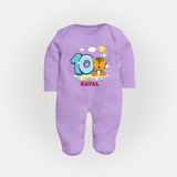 Custom Baby Full Sleeve Bodysuit/ Sleep Suit/ Jumpsuit for 10 Month Milestone | Soft Cotton Full Sleeve Bodysuit/ Sleep Suit/ Jumpsuit | Personalized Name Print - LILAC - New Born (Chest 7.5")