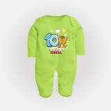 Custom Baby Full Sleeve Bodysuit/ Sleep Suit/ Jumpsuit for 10 Month Milestone | Soft Cotton Full Sleeve Bodysuit/ Sleep Suit/ Jumpsuit | Personalized Name Print - LIME GREEN - New Born (Chest 7.5")