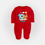 Custom Baby Full Sleeve Bodysuit/ Sleep Suit/ Jumpsuit for 10 Month Milestone | Soft Cotton Full Sleeve Bodysuit/ Sleep Suit/ Jumpsuit | Personalized Name Print - RED - New Born (Chest 7.5")