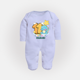 Custom Baby Full Sleeve Bodysuit/ Sleep Suit/ Jumpsuit for 11 Month Milestone | Soft Cotton Full Sleeve Bodysuit/ Sleep Suit/ Jumpsuit | Personalized Name Print - BABY BLUE - New Born (Chest 7.5")
