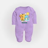 Custom Baby Full Sleeve Bodysuit/ Sleep Suit/ Jumpsuit for 11 Month Milestone | Soft Cotton Full Sleeve Bodysuit/ Sleep Suit/ Jumpsuit | Personalized Name Print - LILAC - New Born (Chest 7.5")