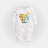 Custom Baby Full Sleeve Bodysuit/ Sleep Suit/ Jumpsuit for 11 Month Milestone | Soft Cotton Full Sleeve Bodysuit/ Sleep Suit/ Jumpsuit | Personalized Name Print - WHITE - New Born (Chest 7.5")