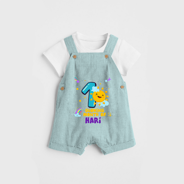 Celebrate The 1st Month Birthday Custom Dungaree set, Personalized with your Baby's name - ARCTIC BLUE - 0 - 5 Months Old (Chest 17")