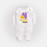 4th Month Baby Outfit | Personalized Full Sleeve Bodysuit/ Sleep Suit/ Jumpsuit for Newborn | Milestone Gift Idea - WHITE - New Born (Chest 7.5")