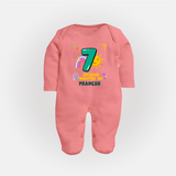 7th Month Baby Outfit | Personalized Full Sleeve Bodysuit/ Sleep Suit/ Jumpsuit for Newborn | Milestone Gift Idea - PEACH - New Born (Chest 7.5")