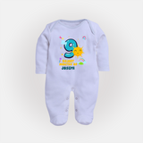 9th Month Baby Outfit | Personalized Full Sleeve Bodysuit/ Sleep Suit/ Jumpsuit for Newborn | Milestone Gift Idea - BABY BLUE - New Born (Chest 7.5")