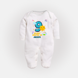 9th Month Baby Outfit | Personalized Full Sleeve Bodysuit/ Sleep Suit/ Jumpsuit for Newborn | Milestone Gift Idea - WHITE - New Born (Chest 7.5")