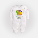 10th Month Baby Outfit | Personalized Full Sleeve Bodysuit/ Sleep Suit/ Jumpsuit for Newborn | Milestone Gift Idea - WHITE - New Born (Chest 7.5")