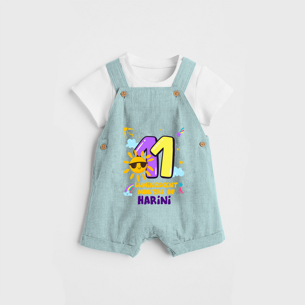 Celebrate The 11th Month Birthday Custom Dungaree set, Personalized with your Baby's name - ARCTIC BLUE - 0 - 5 Months Old (Chest 17")
