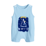 Personalized Birthday Stat Romper Suit/Sleeveless Romper | Custom Baby Romper Suit/Sleeveless Romper with Birth Date, Time, and Weight - BABY BLUE - 0 - 5 Months Old (Chest 18")