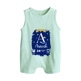 Personalized Birthday Stat Romper Suit/Sleeveless Romper | Custom Baby Romper Suit/Sleeveless Romper with Birth Date, Time, and Weight - MINT GREEN - 0 - 5 Months Old (Chest 18")