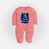 Personalized Birthday Stat Sleep Suit/Full sleeve body suit | Custom Baby Sleep Suit/Full sleeve body suit with Birth Date, Time, and Weight - PEACH - New Born (Chest 7.5")