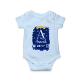 Personalized Birthday Stat Romper | Custom Baby Romper with Birth Date, Time, and Weight - BABY BLUE - New Born (Chest 14")