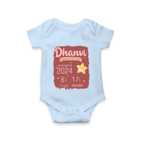 Personalized Birth Stats Romper | Custom Baby Romper with Name and Birth Information - BABY BLUE - New Born (Chest 14")