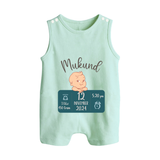 First Birthday Stats Romper Suit/Sleeveless Romper | Custom Romper Suit/Sleeveless Romper with Baby's Birth Date and Time - MINT GREEN - 0 - 5 Months Old (Chest 18")