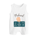 First Birthday Stats Romper Suit/Sleeveless Romper | Custom Romper Suit/Sleeveless Romper with Baby's Birth Date and Time - WHITE - 0 - 5 Months Old (Chest 18")