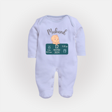 First Birthday Stats Sleep Suit/Full sleeve body suit | Custom Sleep Suit/Full sleeve body suit with Baby's Birth Date and Time - BABY BLUE - New Born (Chest 7.5")