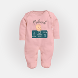 First Birthday Stats Sleep Suit/Full sleeve body suit | Custom Sleep Suit/Full sleeve body suit with Baby's Birth Date and Time - BABY PINK - New Born (Chest 7.5")