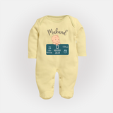 First Birthday Stats Sleep Suit/Full sleeve body suit | Custom Sleep Suit/Full sleeve body suit with Baby's Birth Date and Time - PASTEL YELLOW - New Born (Chest 7.5")