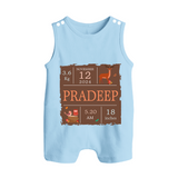 Birth Stats Custom Romper Suit/Sleeveless Romper | Personalized Baby Romper Suit/Sleeveless Romper with Birth Details - BABY BLUE - 0 - 5 Months Old (Chest 18")