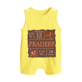 Birth Stats Custom Romper Suit/Sleeveless Romper | Personalized Baby Romper Suit/Sleeveless Romper with Birth Details - PASTEL YELLOW - 0 - 5 Months Old (Chest 18")