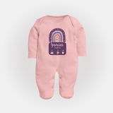 Custom Birthday Stat Sleep Suit/Full sleeve body suit | Personalized Sleep Suit/Full sleeve body suit with Baby's Birth Date and Weight - BABY PINK - New Born (Chest 7.5")