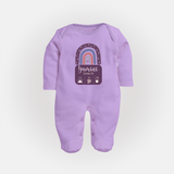 Custom Birthday Stat Sleep Suit/Full sleeve body suit | Personalized Sleep Suit/Full sleeve body suit with Baby's Birth Date and Weight - LILAC - New Born (Chest 7.5")