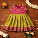 Traditional Magenta Brocade & Mustard Silk Baby Frock – Festive Ethnic Outfit