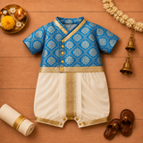 Pacific Blue & Gold Baby Dhoti Romper – Traditional Festive Outfit