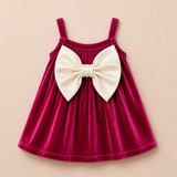 Luxury Pink Velvet Baby Dress with Cream Bow – Party Wear Suspender Frock