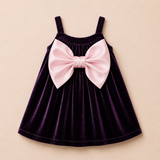 Deep Purple Velvet Baby Dress with Pink Statement Bow – Party Wear Suspender Frock