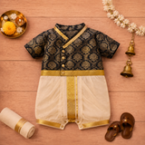 Classic Black & Cream Baby Ethnic Romper – Festive Silk Outfit for Little Boys