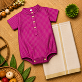 Royal Magenta Pink Checks Baby Ethnic Romper with Kasavu Dhoti