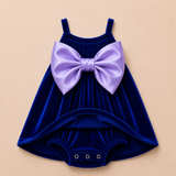 Deep Blue Velvet Baby Dress with Soft Lavender Bow – Party Wear Suspender Frock