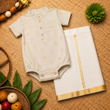 Royal Beige & Gold Baby Ethnic Romper – Traditional Festive Outfit for Babies