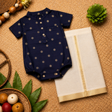Royal Navy & Gold Baby Ethnic Romper – Traditional Festive Outfit for Babies