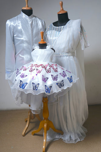 White Butterfly Harmony Family Outfit Set – Saree Gown, Satin Kurta & Baby Frock