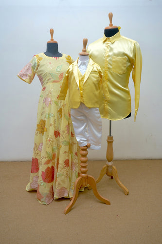 Sunny Yellow Family Matching Outfit – Floral Dress, Satin Shirt & Baby Suit Set