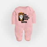 My First Durga Puja Traditional Face Art Full Body Suit - BABY PINK - New Born (Chest 7.5")