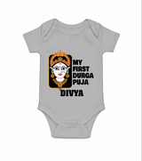My First Durga Puja Traditional Face Art Romper - GREY - New Born (Chest 14")
