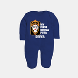 My First Durga Puja Traditional Face Art Full Body Suit - NAVY BLUE - New Born (Chest 7.5")